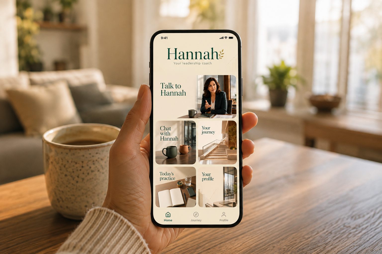 A hand holding a phone showing the Hannah app home screen in a warm living room