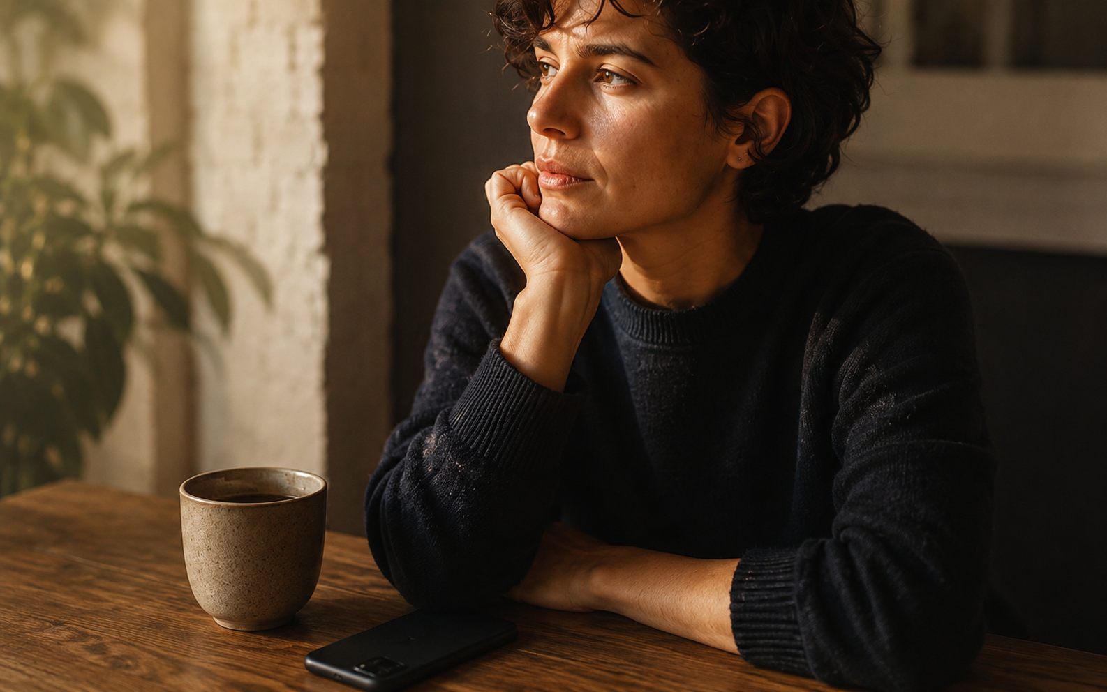 A person listening thoughtfully at a table, phone face-down beside a cup of coffee