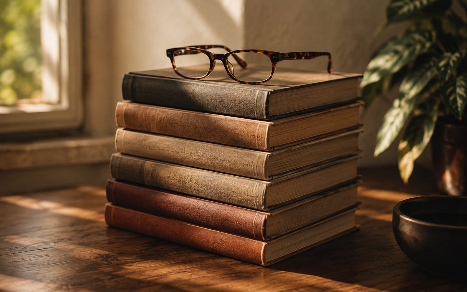 A stack of well-used leadership books with reading glasses resting on top